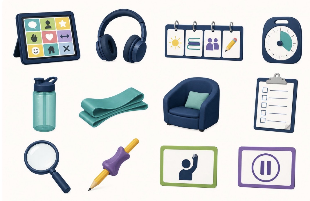 A collection of accessibility tools including AAC, headphones, visual schedule, timer, sensory supports, and break cards