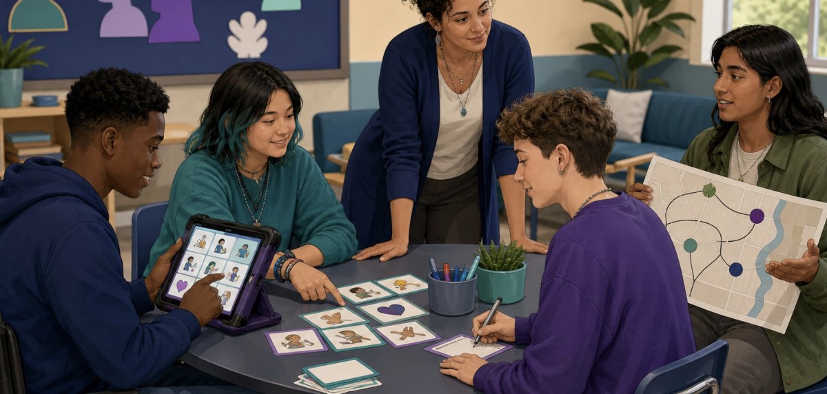 A diverse group of learners collaborating with a teacher using AAC, visual cards, writing, and a community map