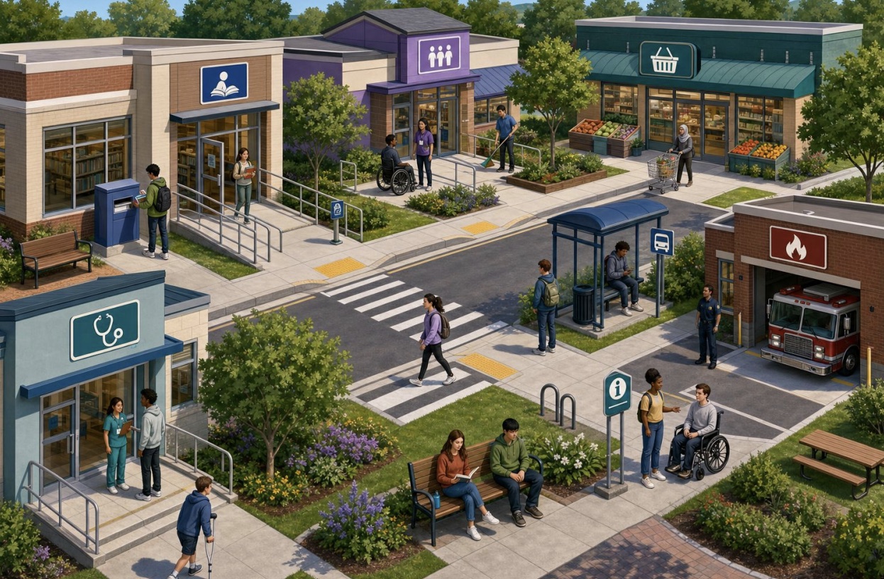 Accessible community with a library, shops, health services, public transport, and emergency services