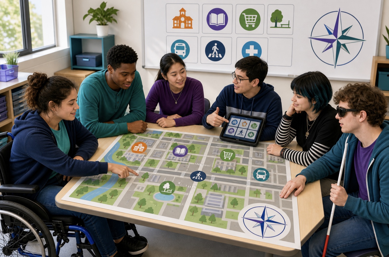 Diverse learners planning community journeys with a large map, visual symbols, AAC, a wheelchair, and a white cane
