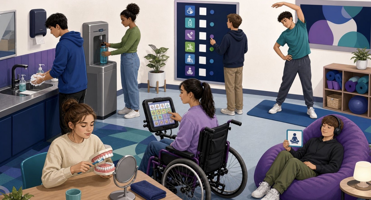Accessible classroom where learners participate through hygiene practice, movement, AAC, sensory regulation, and visual routines
