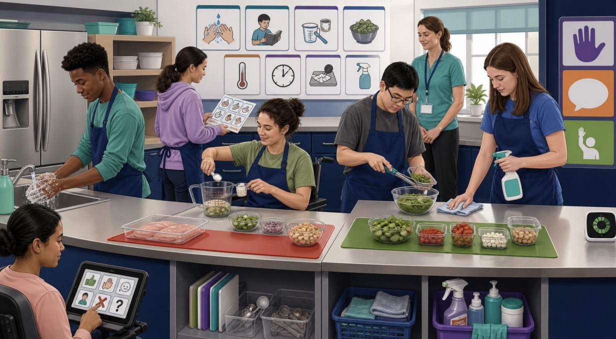 Learners using visual supports, AAC, and adapted participation while practicing food safety in a teaching kitchen