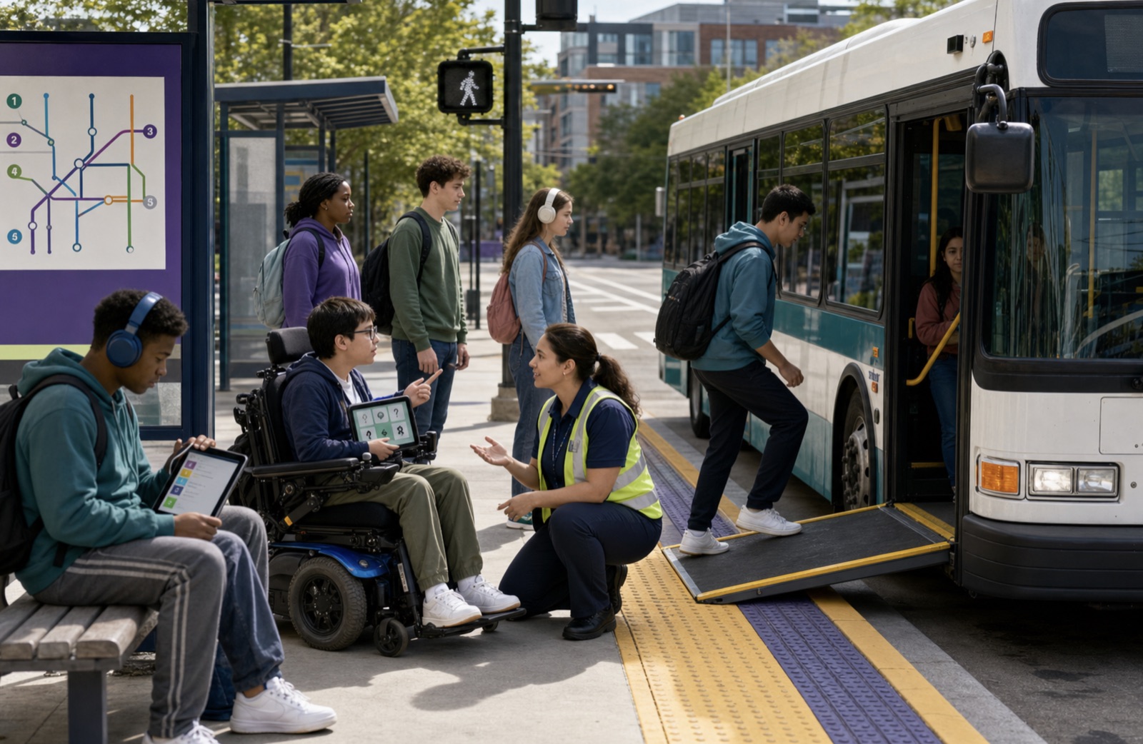 Learners using an accessible public bus stop with AAC, mobility devices, staff support, and tactile paving