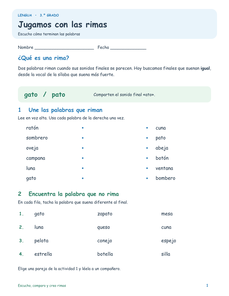 Preview of Spanish Grade 3 Rhyme Practice